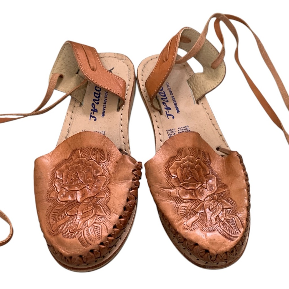 Tan Leather Sandals with Floral Tooled Embroidery and Ankle Straps